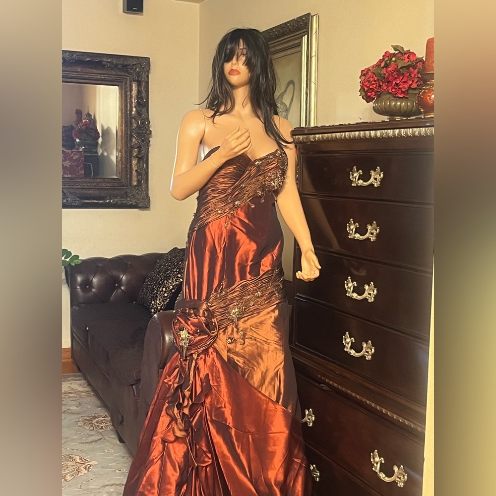 Terani Couture Copper Strapless long Gown with shoulder cover up. Sz 12